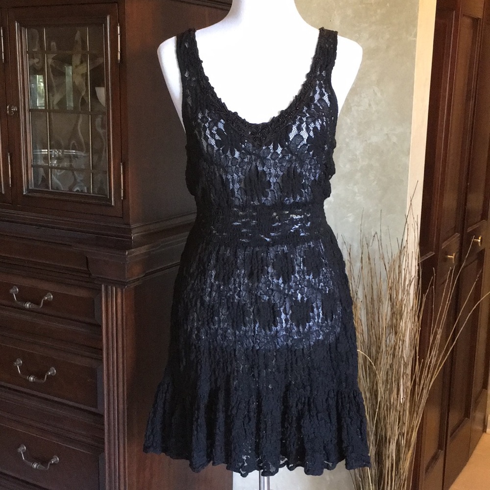 Free People Black stretchy lace sheer dress